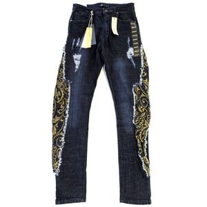 Reason Brand Skinny Jeans Mens 38x32 Dark Wash Gold Baroque Tapestry Distressed